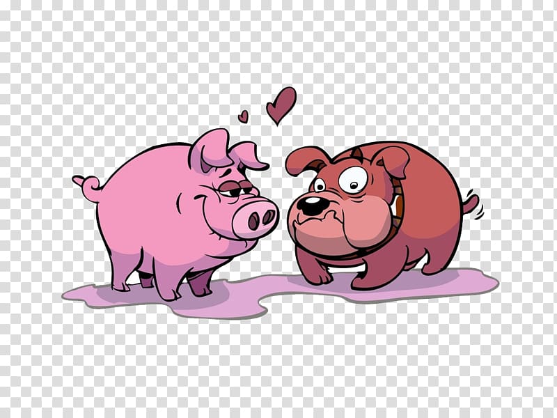 Domestic pig Dog Cartoon Illustration, Pink pig and hound transparent background PNG clipart