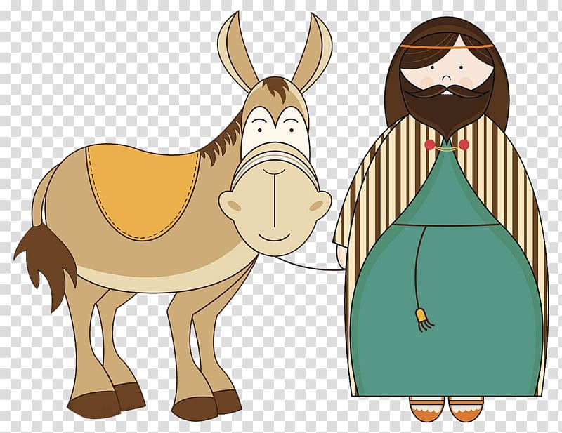 Holy Family Nativity of Jesus Nativity scene Illustration, A cartoon man holding a mule transparent background PNG clipart