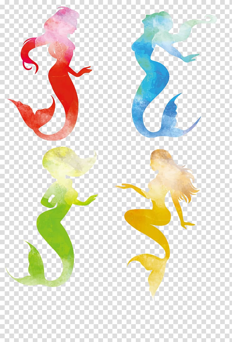 four mermaid illustrations, Mermaid Silhouette Illustration, Color mermaid silhouette transparent background PNG clipart