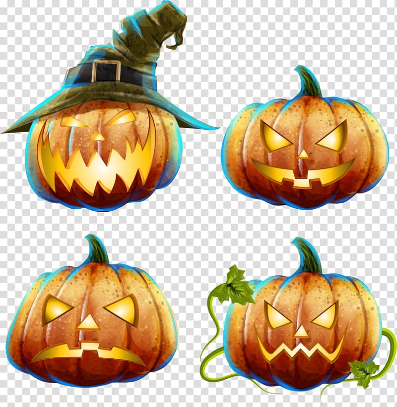 four Jack-o-lantern , Jack-o'-lantern Pumpkin Calabaza Halloween, Funny pumpkins transparent background PNG clipart