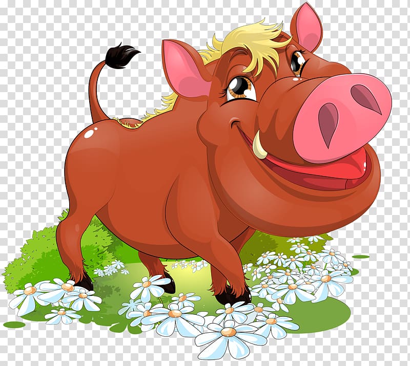 Wild boar Cartoon illustration , Smiling Pig transparent background PNG clipart