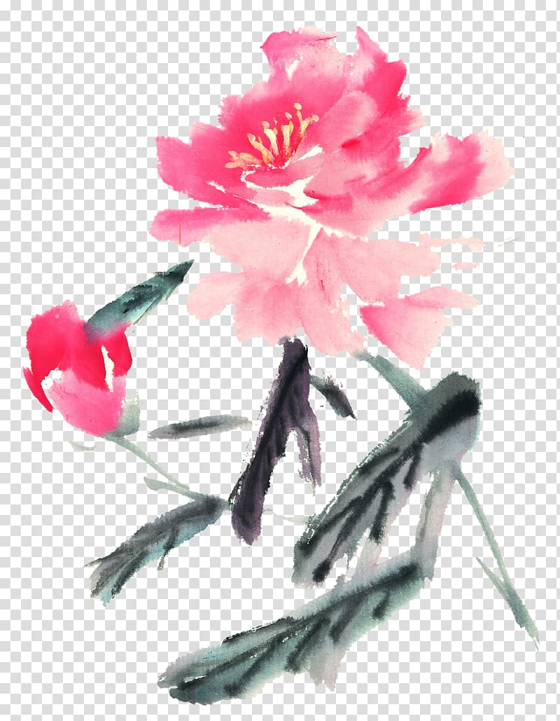 Ink wash painting Moutan peony Chinese painting Gongbi Bird-and-flower painting, Peony Chinese painting Sketch transparent background PNG clipart
