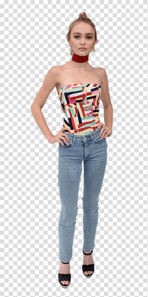 woman in red and blue tube top and blue jeans, Lily Rose Depp Full transparent background PNG clipart