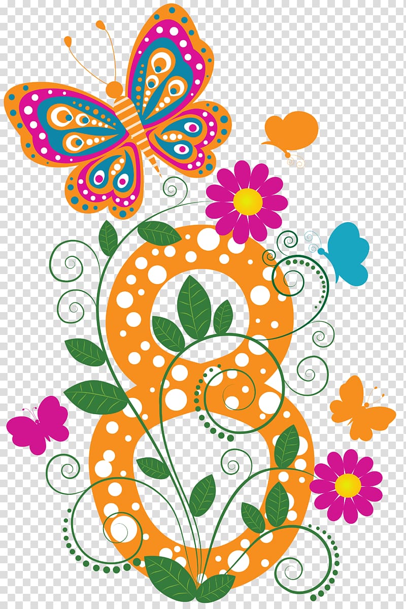 Butterfly Numerical digit March 8 Flower, march transparent background PNG clipart