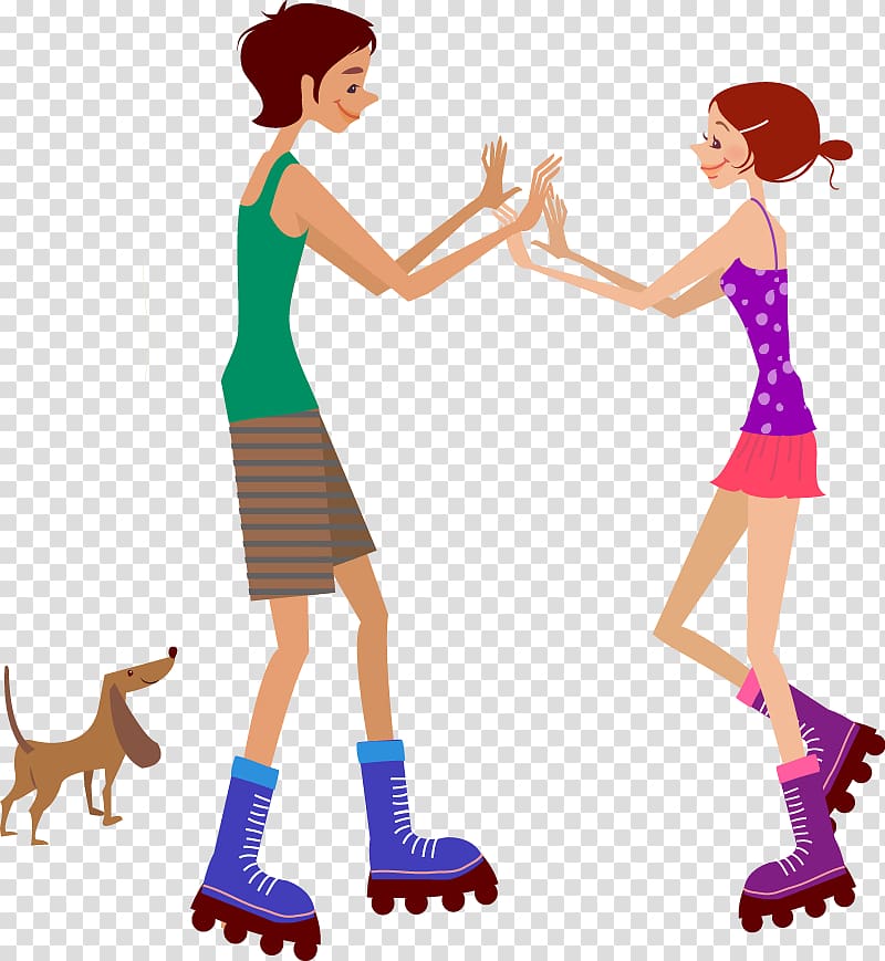 Cartoon Illustration, Roller-skating couple material transparent background PNG clipart