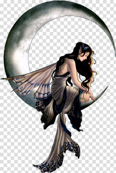 woman sitting on half moon illustration, Fairy Sticker Elf Artist, Moon Goddess transparent background PNG clipart