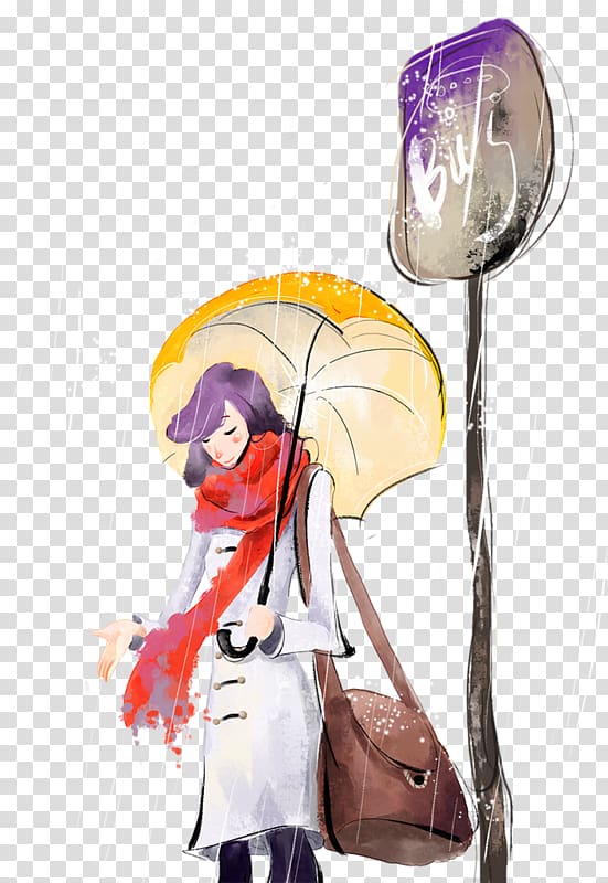 woman in white coat holding yellow umbrella illustration, Umbrella Illustration, Cartoon sad rainy day illustration transparent background PNG clipart