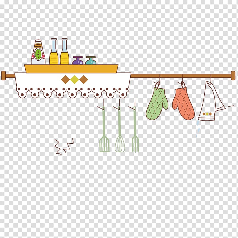 hanging shelf with bottles and potholders illustration, Kitchen Illustration, kitchen tools transparent background PNG clipart
