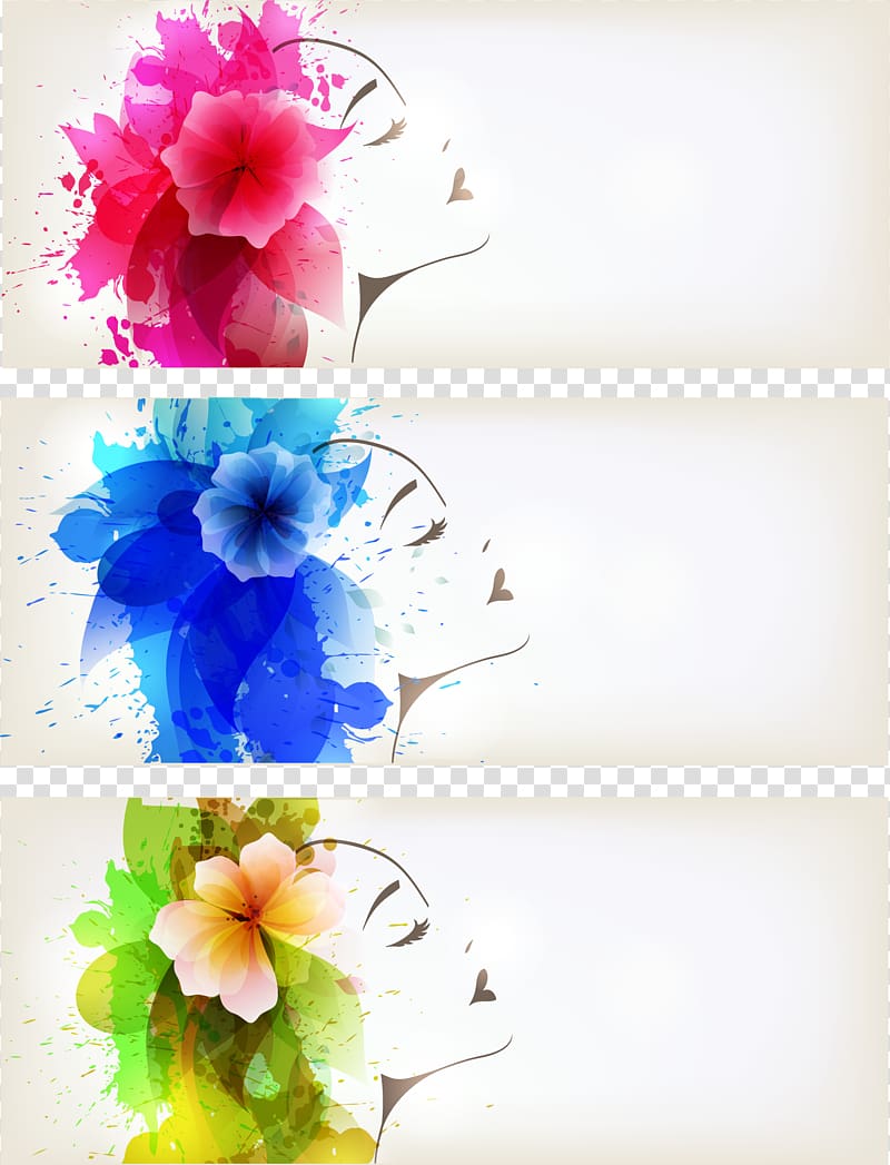 woman with three assorted-color flower headdress art, Watercolor painting Poster, Watercolor Woman Flower BANNER transparent background PNG clipart