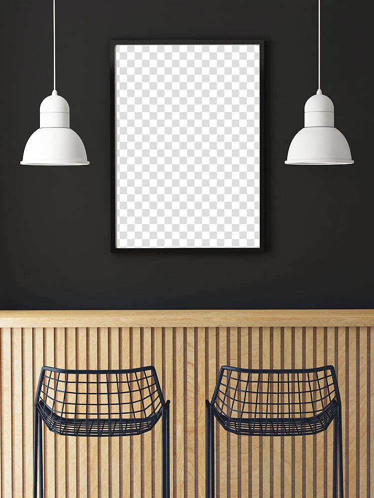 tow white turned-off white pendant lamps below two black metal chairs, Cafe Poster Mockup, White drawing board with the lamp transparent background PNG clipart
