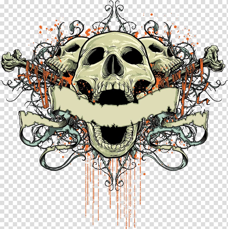 white and orange skulls illustration, T-shirt Skull, Fashionable skull design element transparent background PNG clipart