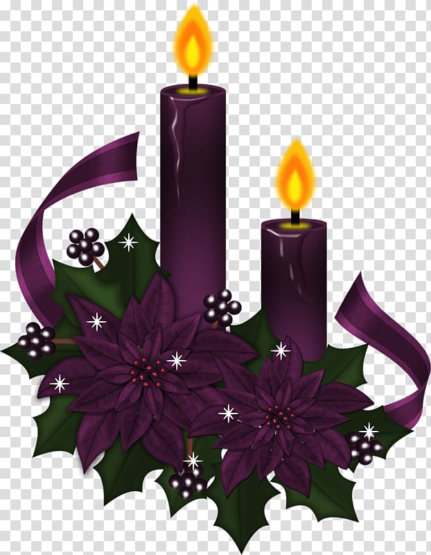 Christmas Advent candle Poinsettia , Purple candle and flame transparent background PNG clipart