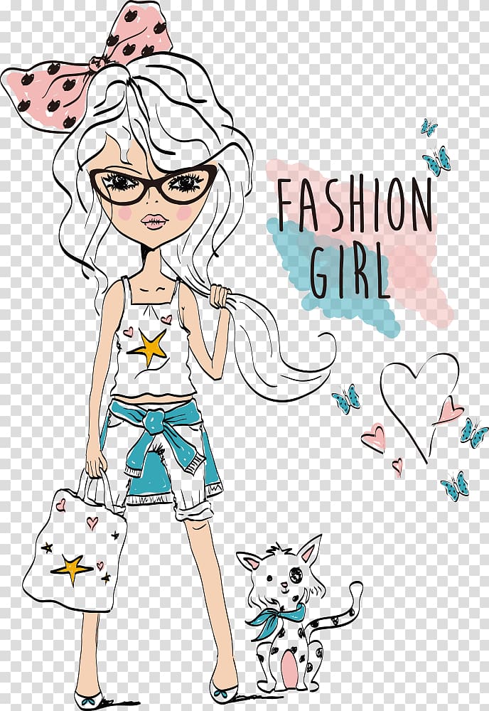 woman wearing blue top and shorts with fashion girl text illustration, cute little girl transparent background PNG clipart