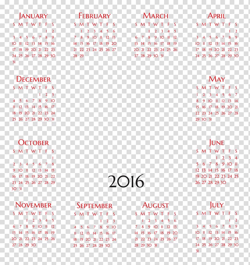 month of 2016 calendar, Calendar Pattern, 2016 Calendar transparent background PNG clipart