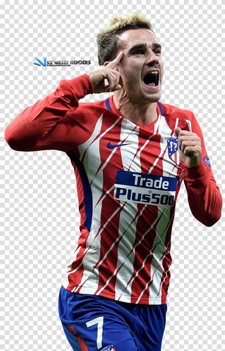 man wearing jersey pointing his temple with mouth open, Antoine Griezmann Atlético Madrid France national football team 2018 World Cup Jersey, antoine griezmann 2018 transparent background PNG clipart