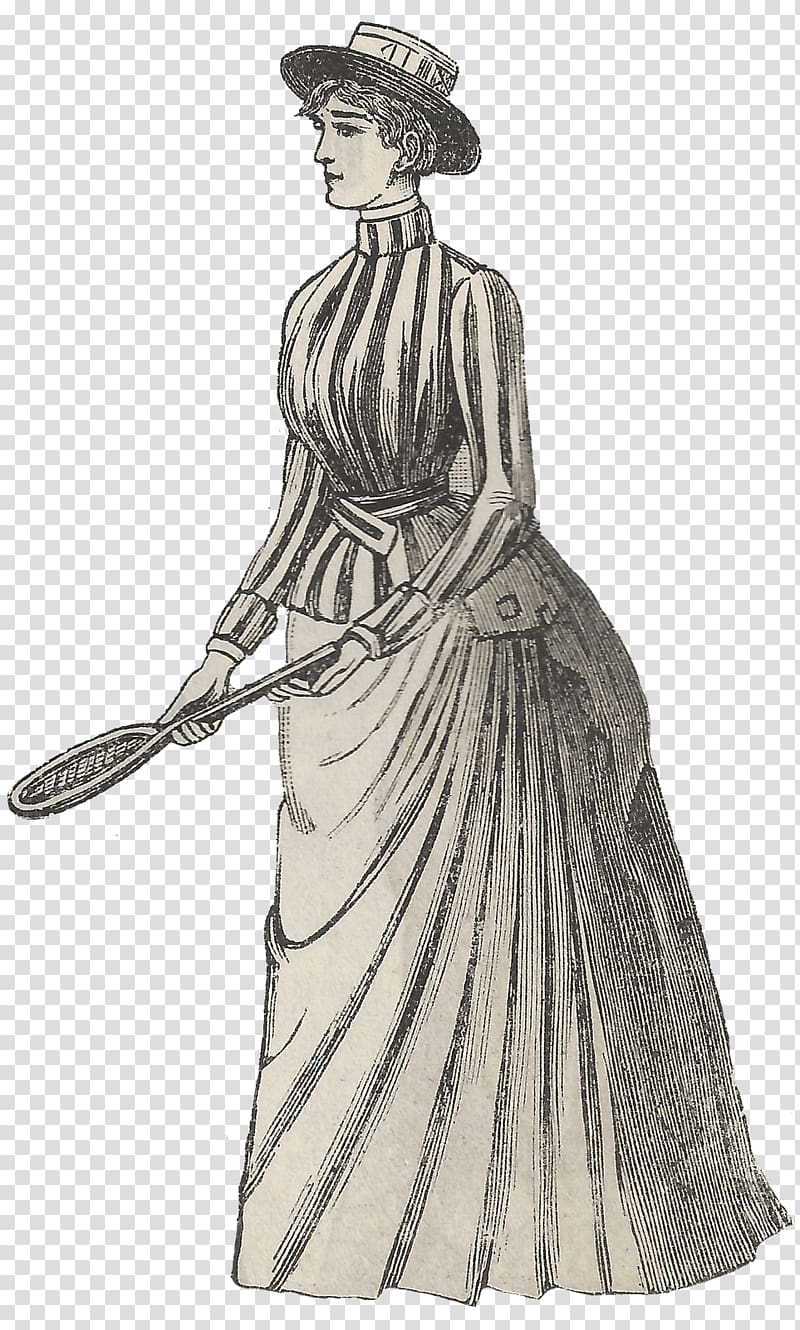 woman wearing dress sketch, Vintage Tennis Player Woman transparent background PNG clipart