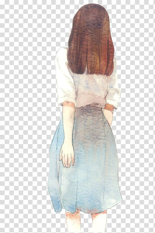 woman in gray skirt , Watercolor painting Drawing Anime Art, Creative cute cartoon transparent background PNG clipart