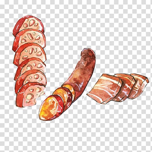 Sobrassada Mortadella Bacon Ham Cervelat, Meat sausage Hand painting material transparent background PNG clipart