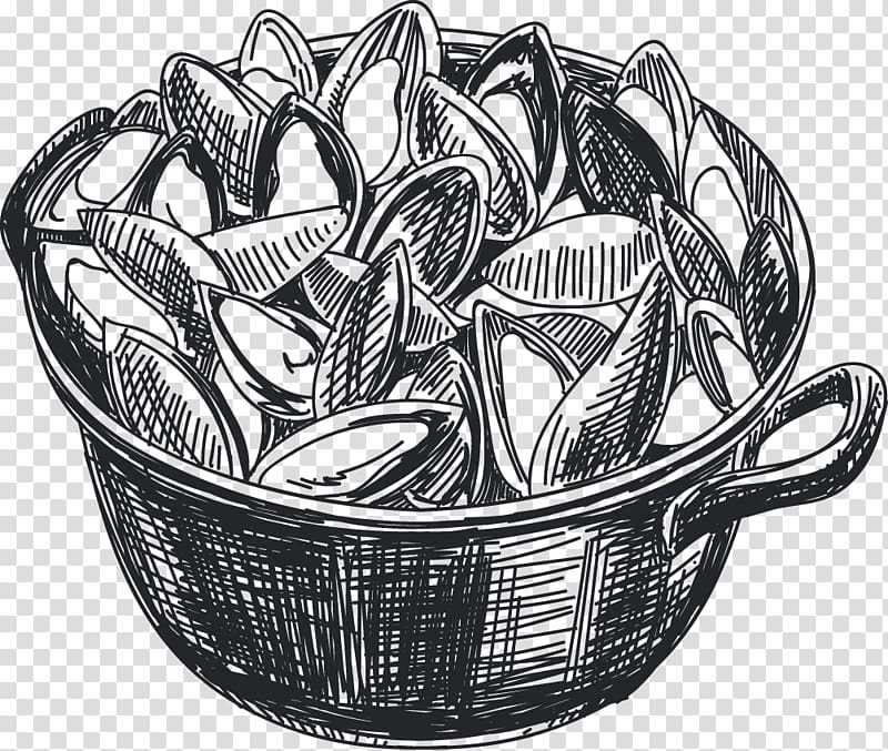 shells in bowl sketch, Mussel Italian cuisine Drawing Seafood Icon, Hand-painted pots scallops seafood Artwork transparent background PNG clipart