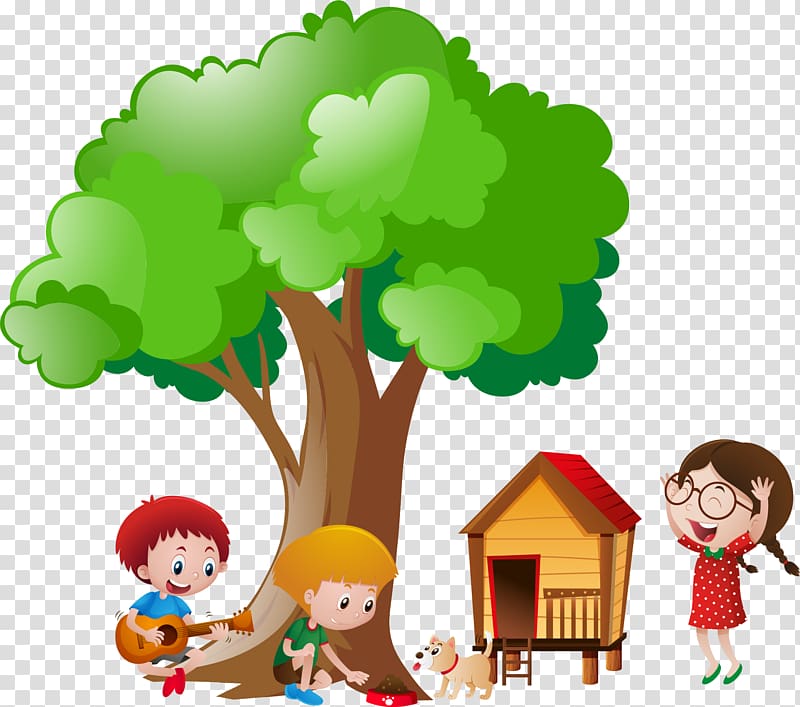 boy near tree, Tree Shrub , hand-painted children playing under the tree transparent background PNG clipart