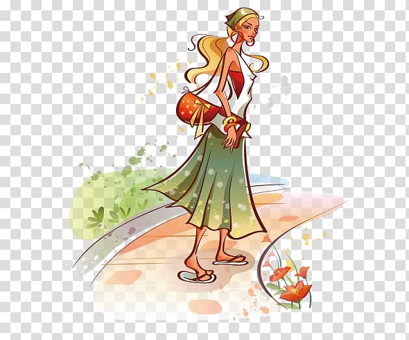 Cartoon Fashion Illustration, Creative Travel painted girl transparent background PNG clipart