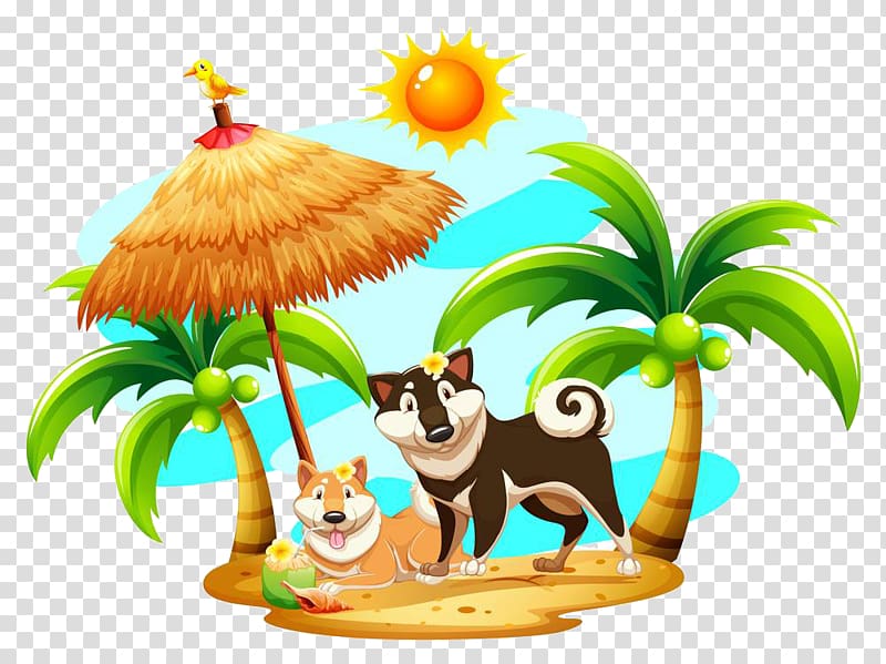 Dog Coconut Illustration, A puppy that enjoys shade under the coconut tree transparent background PNG clipart