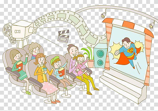 Cinema Film Family Drawing Illustration, Cinema watching movies transparent background PNG clipart