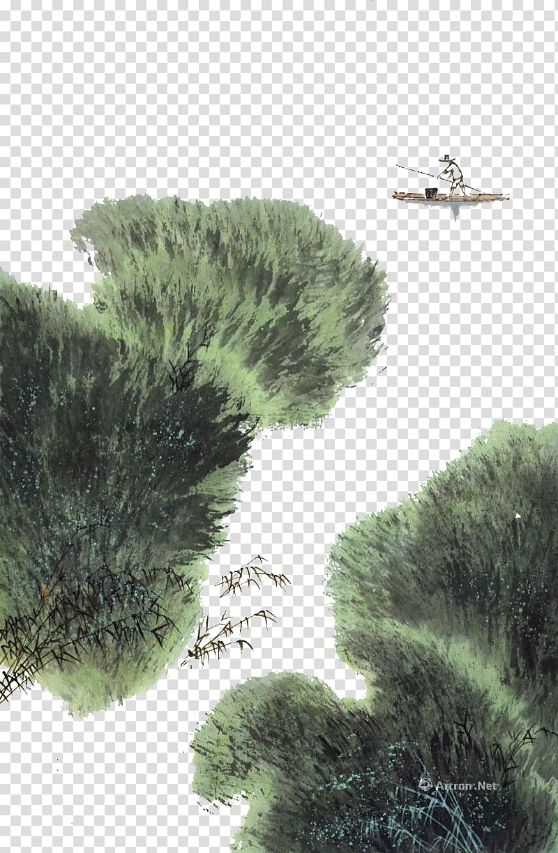 Boat Ink wash painting Chinese painting, Green reed marshes in the boat transparent background PNG clipart