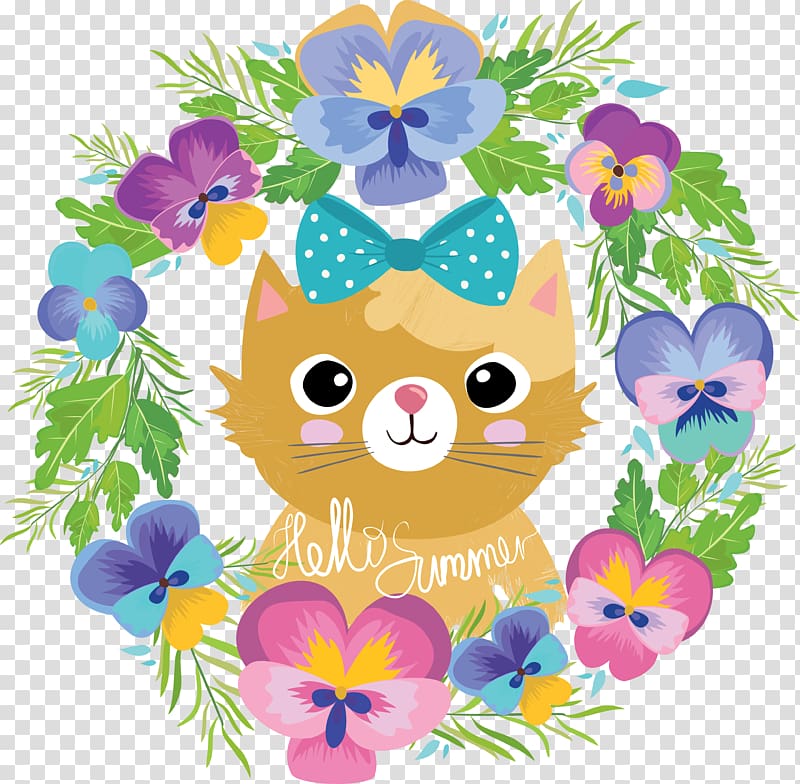 Flower Cartoon , Cartoon cat with garland transparent background PNG clipart