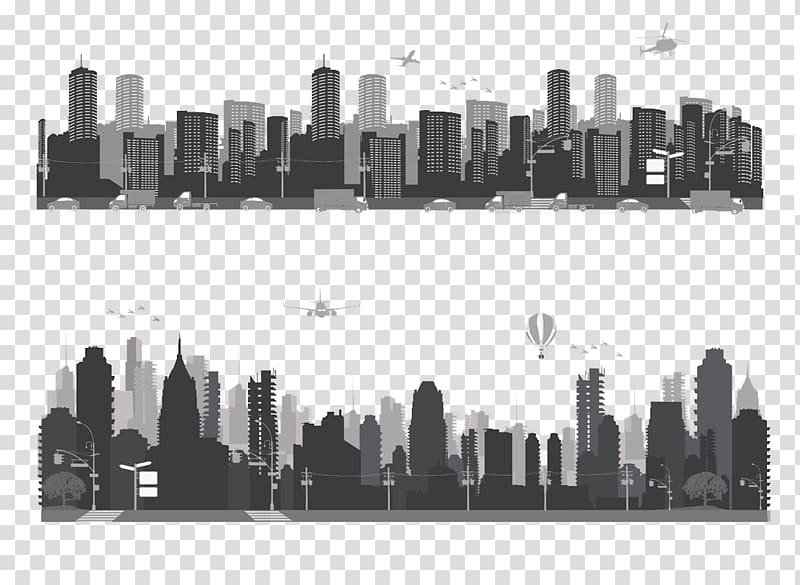 two gray-and-black skyscraper illustration, Architectural engineering Skyline Building Silhouette, City Silhouette transparent background PNG clipart