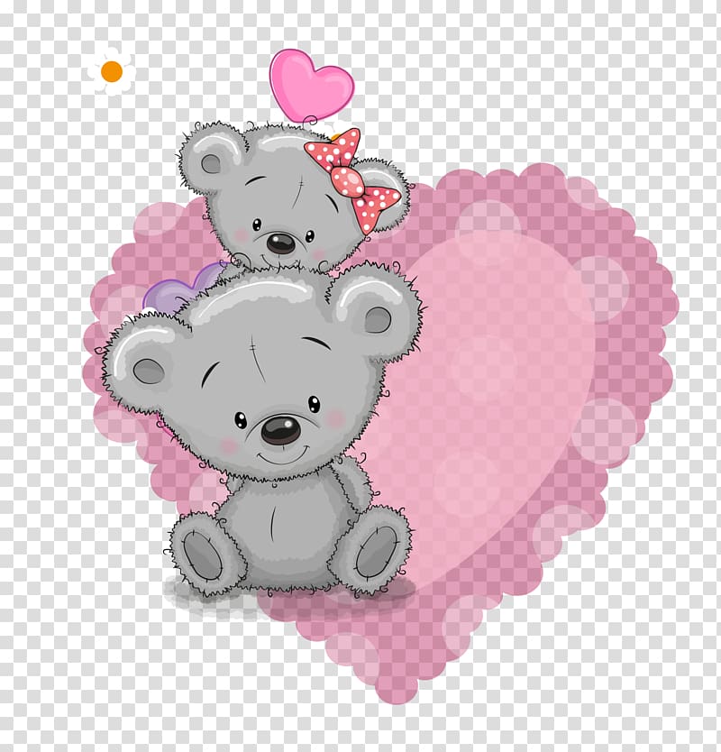 two gray bears in heart background graphic, Doll hearts transparent background PNG clipart