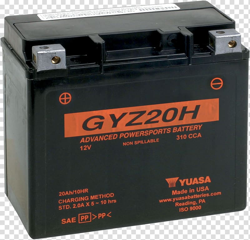 Electric battery Yuasa GYZ20H 12V High Performance Maintenance Free VRLA Battery Motorcycle GS Yuasa, motorcycle battery terminals transparent background PNG clipart