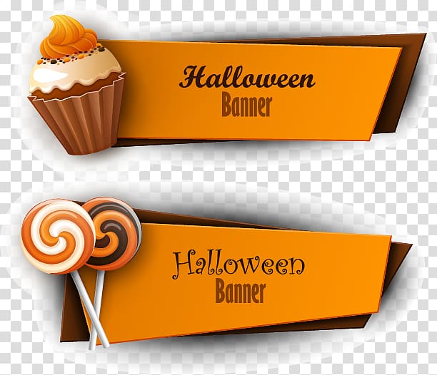 Halloween Trick-or-treating Jack-o\'-lantern, cake and lollipops banners transparent background PNG clipart