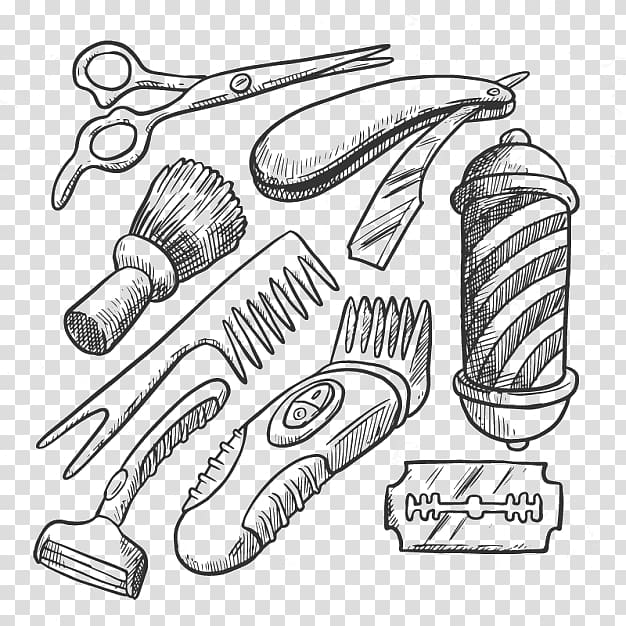 Barber shop collection. Drawing accessories for beauty haircut