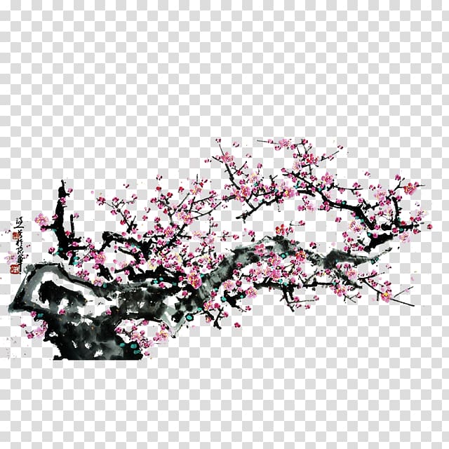 Ink wash painting Jiangnan China, plum blossom transparent background PNG clipart