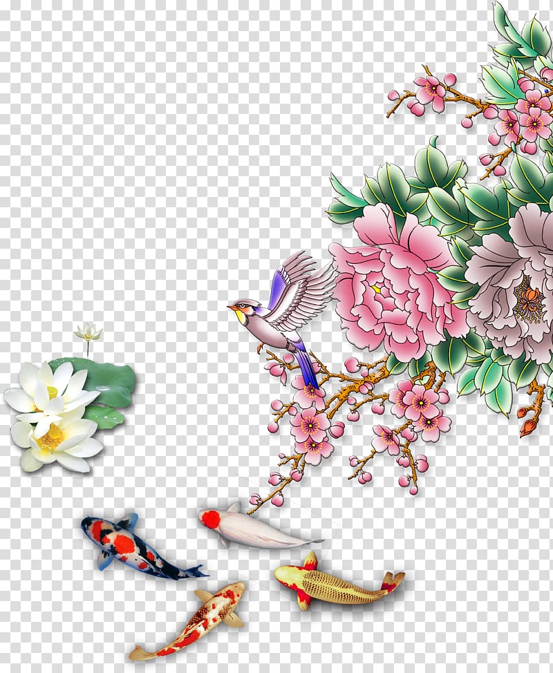 kois and bird with flowers illustration, Floral design Flower Icon, Flowers transparent background PNG clipart