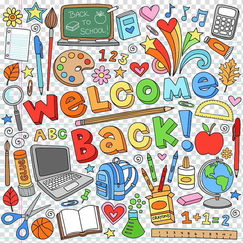welcome back text illustration, Doodle School supplies Illustration, School supplies transparent background PNG clipart