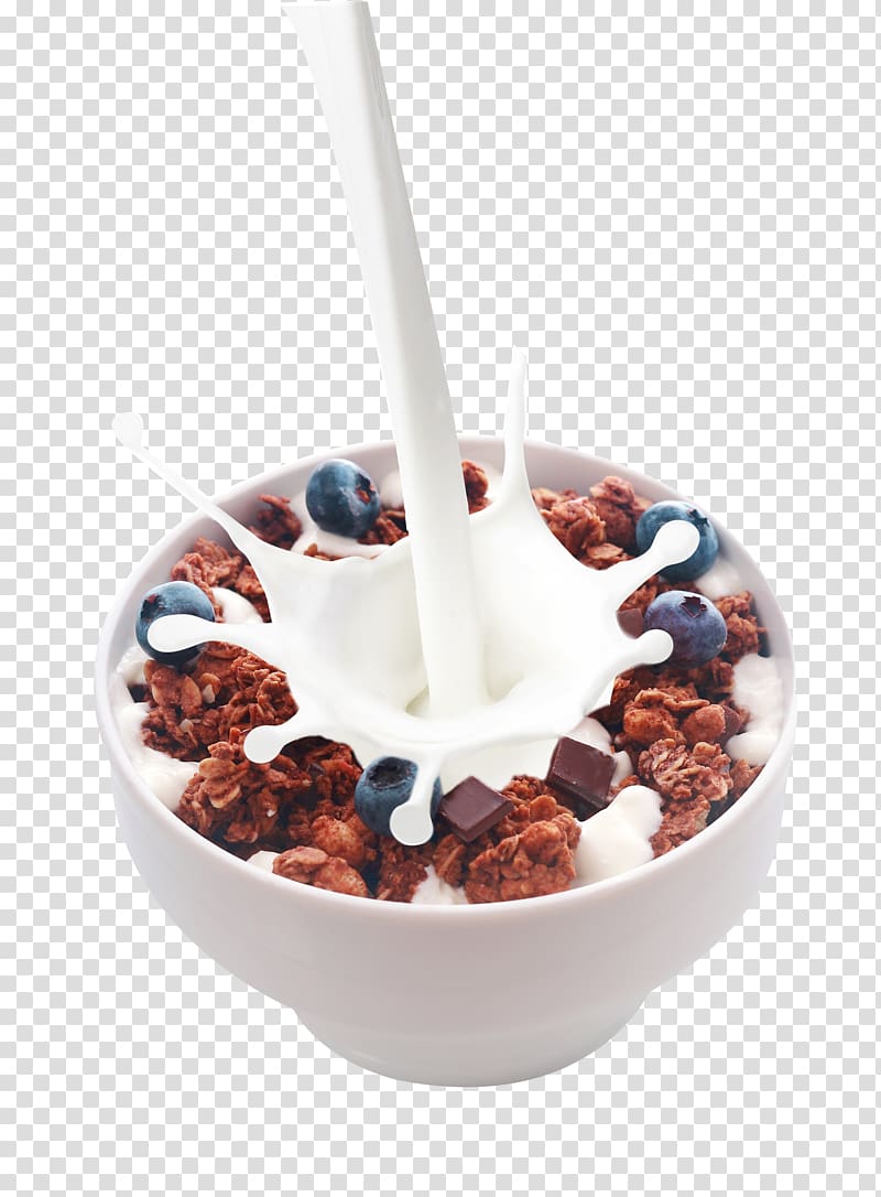 oatmeal illustration, Breakfast cereal Milk Corn flakes White chocolate, Pour the milk into the blueberry fruit transparent background PNG clipart