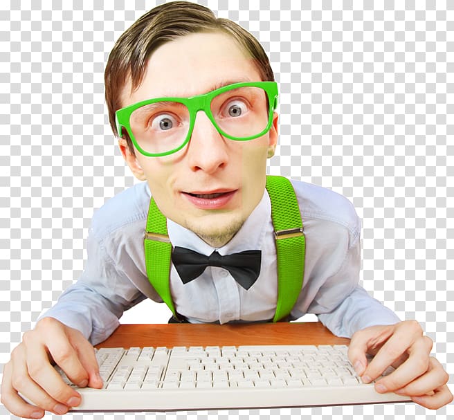 man touching white computer keyboard, Nerd Geek Machine learning Computer, nerd transparent background PNG clipart
