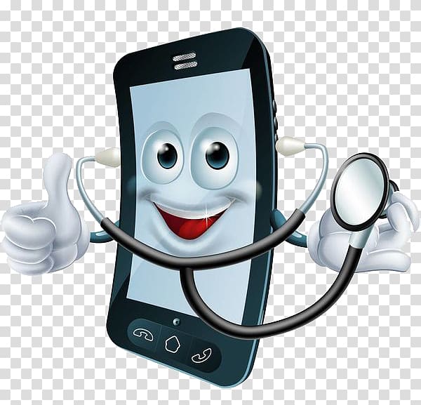 black smartphone wearing stethoscope, Cartoon Cell Phone Doctor Illustration, A cell phone with a stethoscope transparent background PNG clipart
