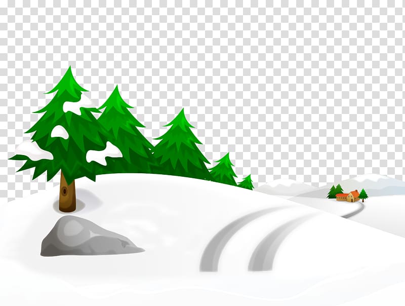 green tree illustration, Snow Winter Illustration, Snowy Winter Ground with Trees and House transparent background PNG clipart