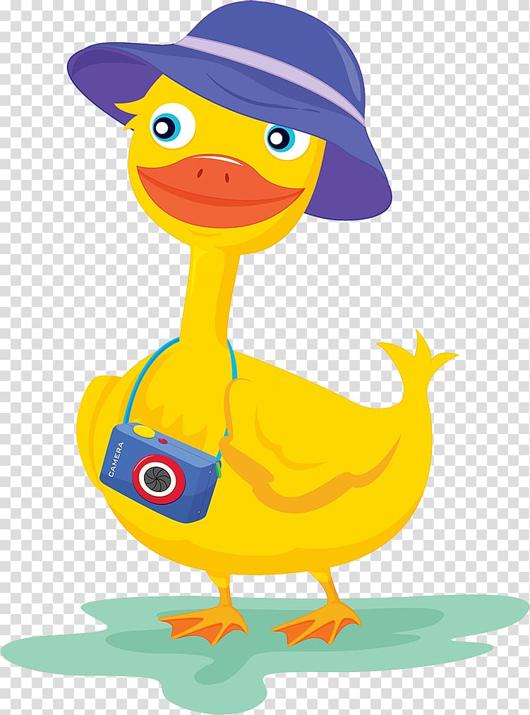 Duck Camera Illustration, The cartoon of the blue hat tourists duck transparent background PNG clipart