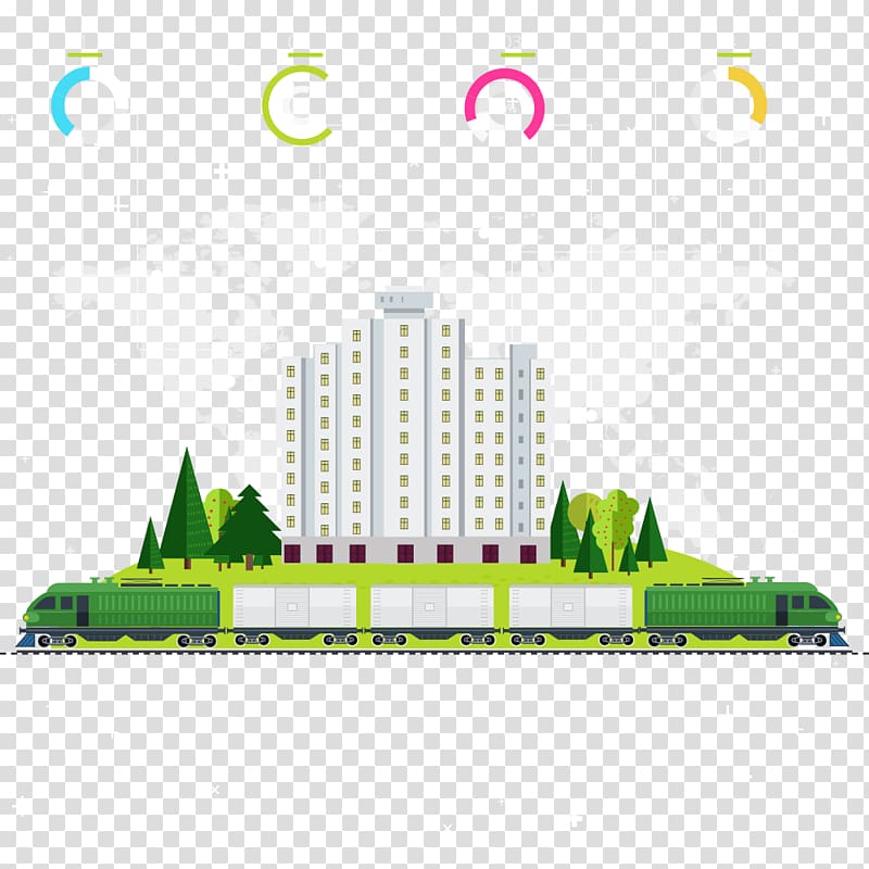 Train Cartoon Illustration, Green Building transparent background PNG clipart