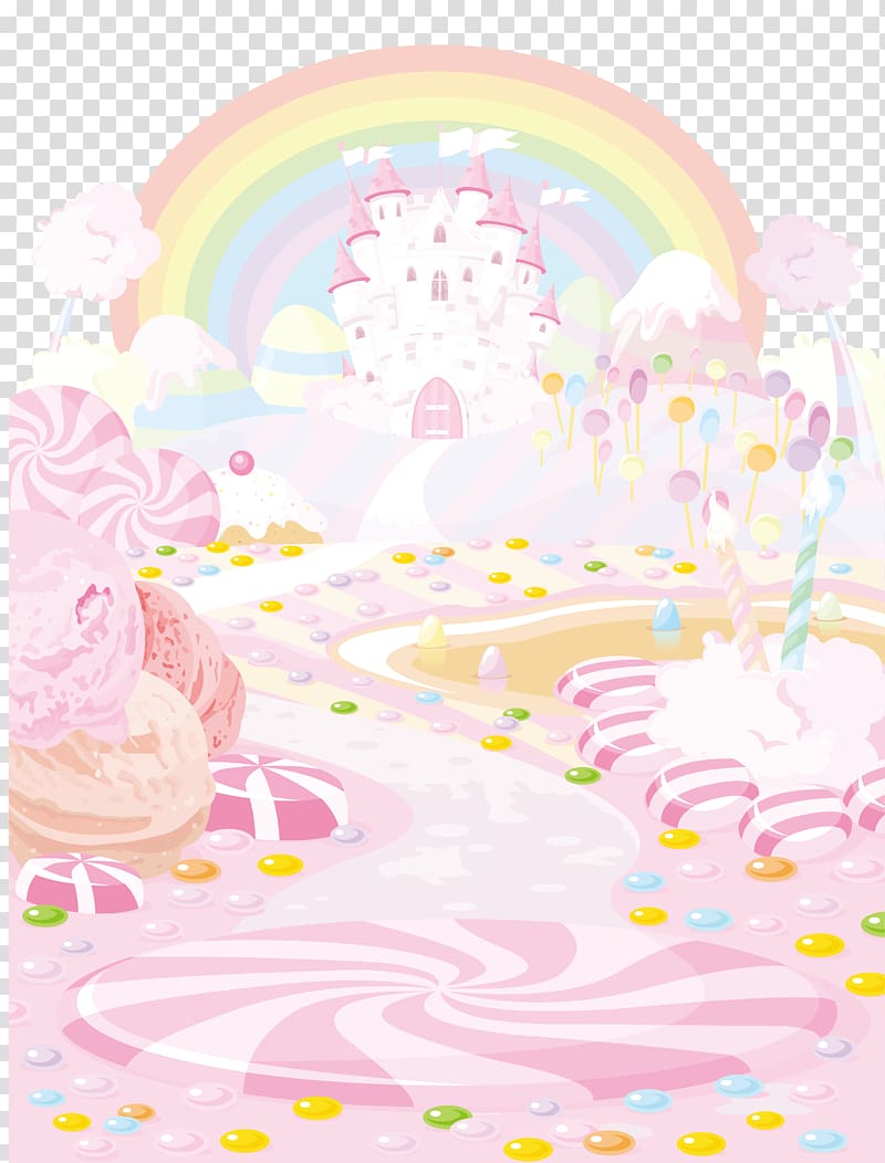 candy castle and rainbow illustration, Cupcake Candy Lollipop Lemon drop Dessert, Dream Castle transparent background PNG clipart