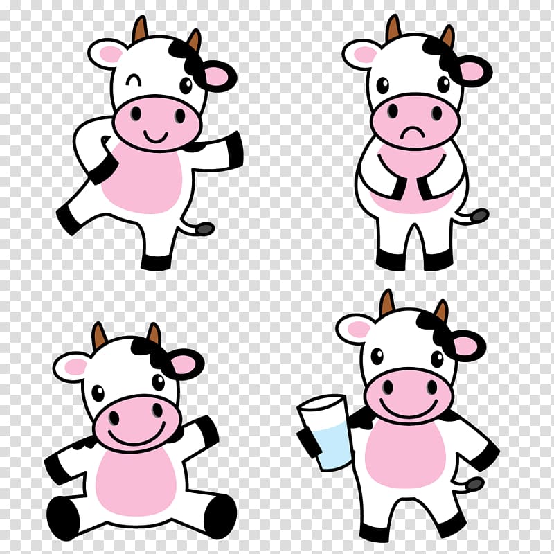four white-and-pink cattles art illustration, Holstein Friesian cattle Cartoon Drawing Illustration, Dairy cow transparent background PNG clipart