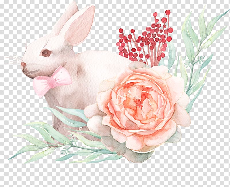 brown rabbit illustration, Easter Bunny Paper Watercolor painting Rabbit, Rabbit with bow transparent background PNG clipart