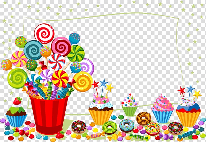 yellow star and assorted-color candies and cupcakes border , Happy Birthday to You editing Wish, Candy pot and a piece of paper transparent background PNG clipart