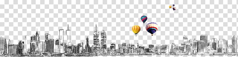 hot air balloons over buildings illustration, Drawing, Hand painted sketch city skyscrapers background transparent background PNG clipart