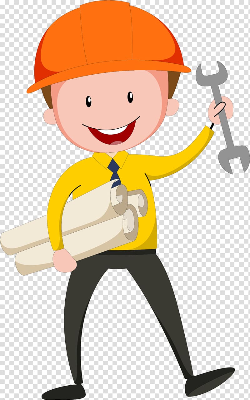 man wearing orange hat holding wrench illustration, Civil Engineering Design Engineer, Wearing a helmet design engineer transparent background PNG clipart