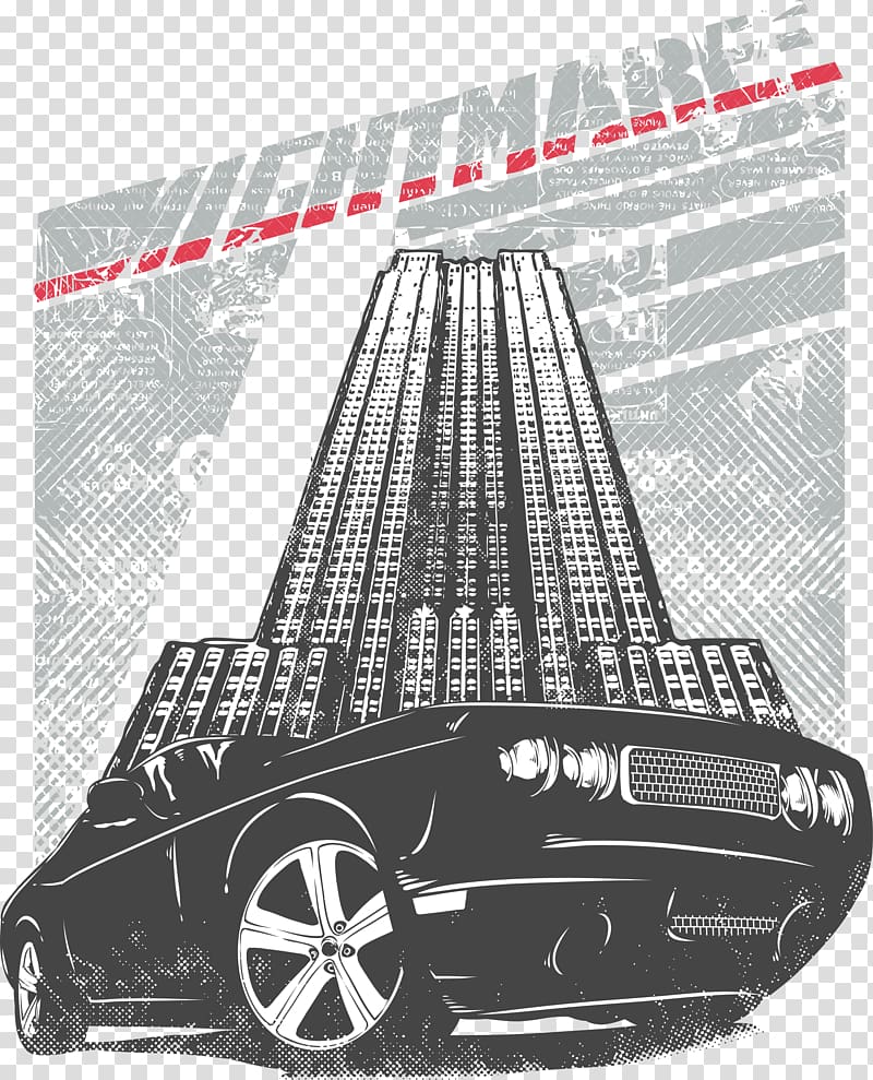 black car in front of building , Creative cars and buildings t-shirt transparent background PNG clipart
